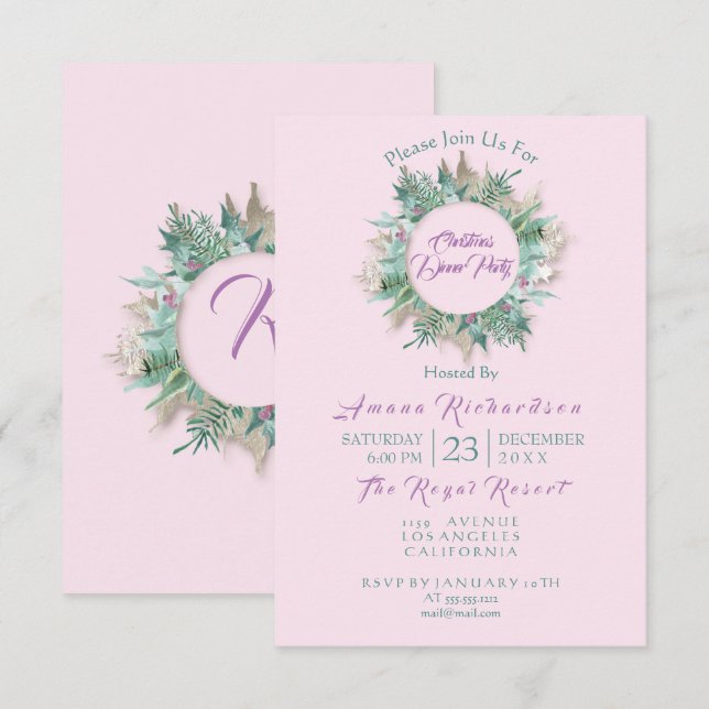 Christmas Dinner Party Invitation Pink Purple Mint (Front/Back)