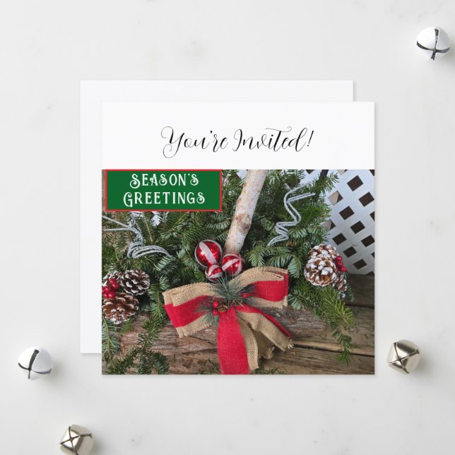 Christmas Dinner Party Red Bow Pine Cones Holiday Card (Front/Back In Situ)