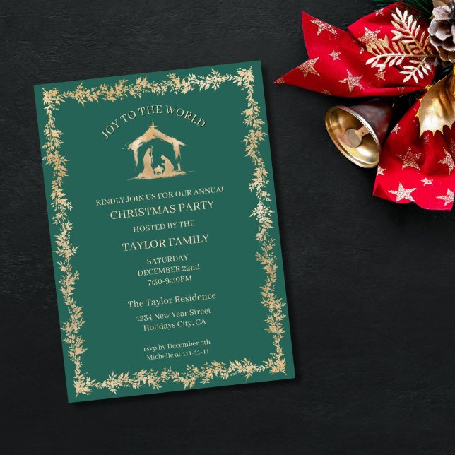 Christmas Dinner Party Religious Nativity Scene  Holiday Card (christmas gold foil nativity scene with a familiy photo in a mistletoe frame, green background)