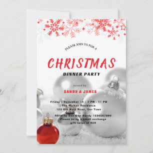 Christmas dinner party silver red baubles  invitation