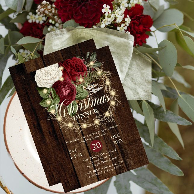 Christmas Dinner -Rustic Woodsy Lighted Wreath Invitation (Creator Uploaded)