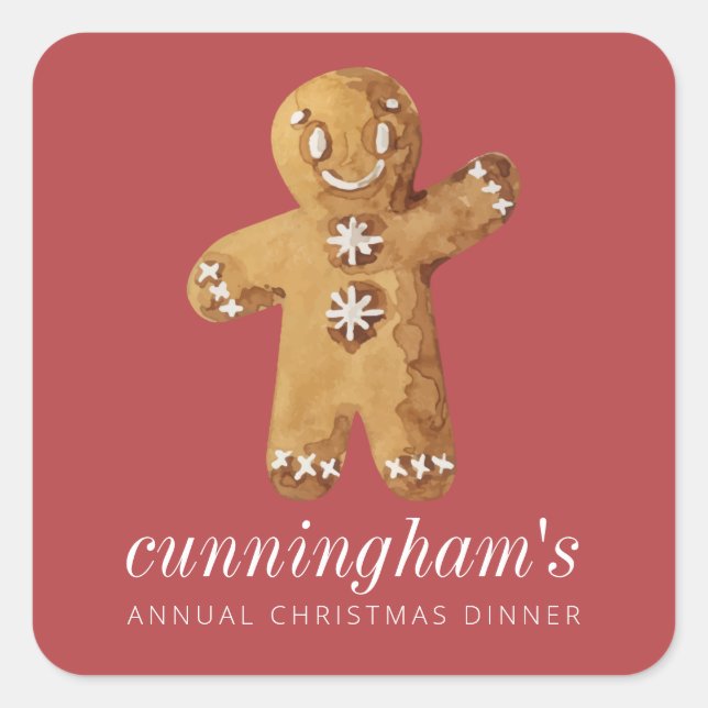 Christmas Dinner Watercolor Gingerbread Man Square Sticker (Front)