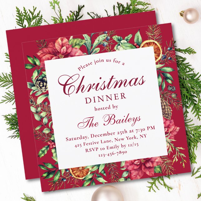 Christmas Dinner Watercolor Holiday Floral Invitation (Creator Uploaded)