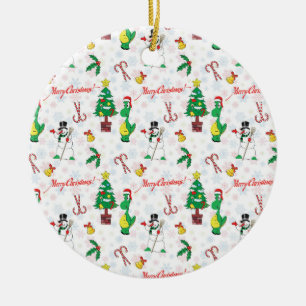 Christmas dinosaur and snowman ceramic ornament
