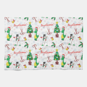 Christmas dinosaur and snowman kitchen towel