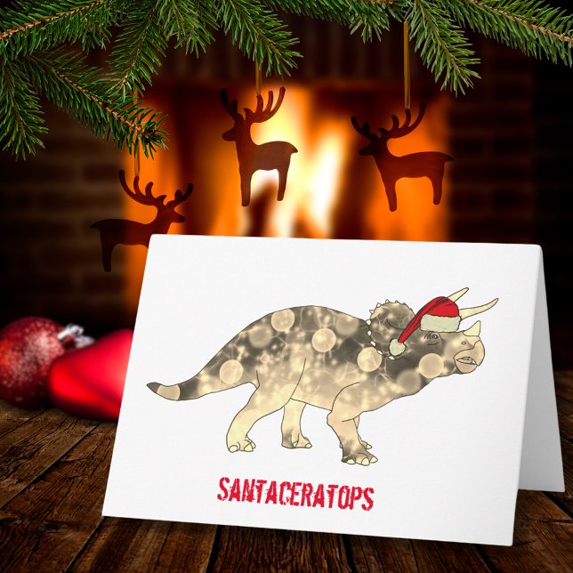 Christmas Dinosaur Card (Christmas dinosaur triceratops wearing a Santa hat fun holiday greetings card)