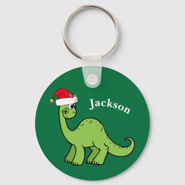 Christmas Dinosaur Cute Custom Kids Green Keychain (Front)