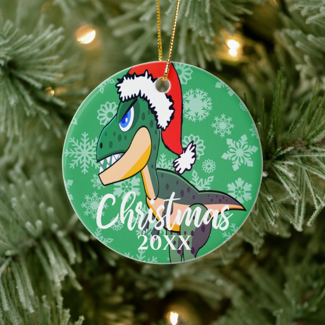 Christmas Dinosaur Cute Photo Green Kids Ceramic Ornament (Tree)