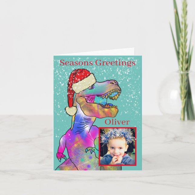 Christmas Dinosaur Kids Photo Holiday Card (Front)