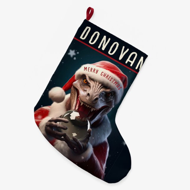 Christmas Dinosaur  Large Christmas Stocking (Front (Hanging))