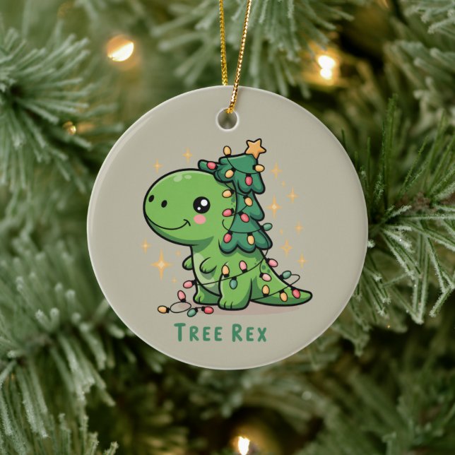 Christmas Dinosaur Light Party Funny Tree Rex  Ceramic Ornament (Tree)