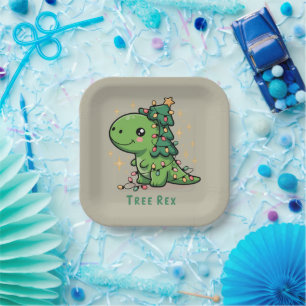 Christmas Dinosaur Light Party Funny Tree Rex  Paper Plate