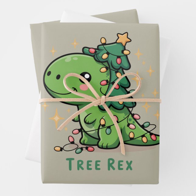 Christmas Dinosaur Light Party Funny Tree Rex  Wrapping Paper Sheet (In situ)