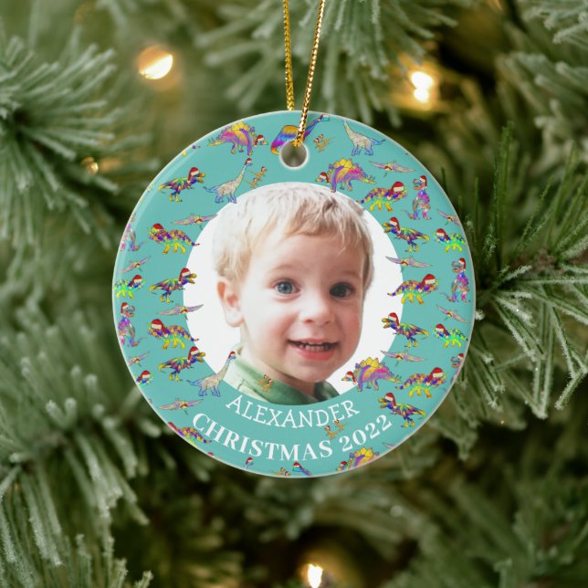 Christmas Dinosaur Personalized photo 2022 Ceramic Ceramic Ornament (Tree)