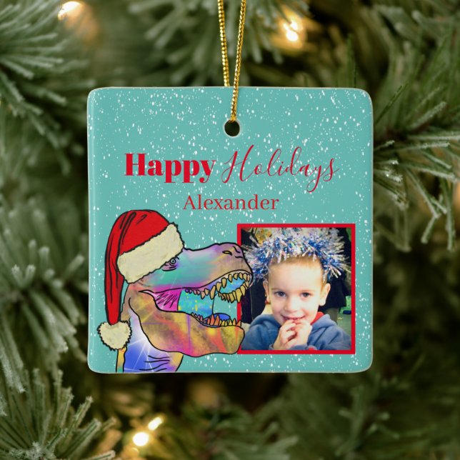 Christmas Dinosaur Photo Keepsake Ceramic Ornament (Tree)