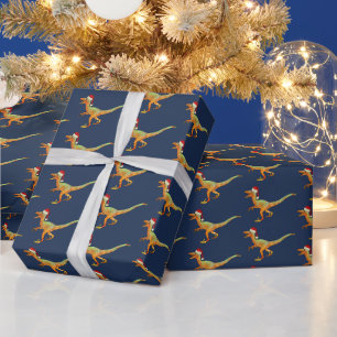 Christmas Dinosaur Raptor Blue Wrapping Paper