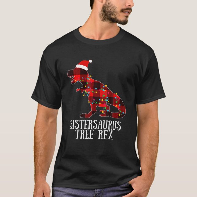 Christmas Dinosaur Santa Plaid Lights Sistersaurus T-Shirt (Front)