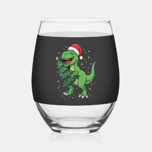 Christmas Dinosaur Santa T Rex Stemless Wine Glass