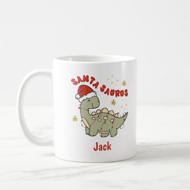 Christmas Dinosaur Santasaurus Retro Name Coffee Mug (Left)