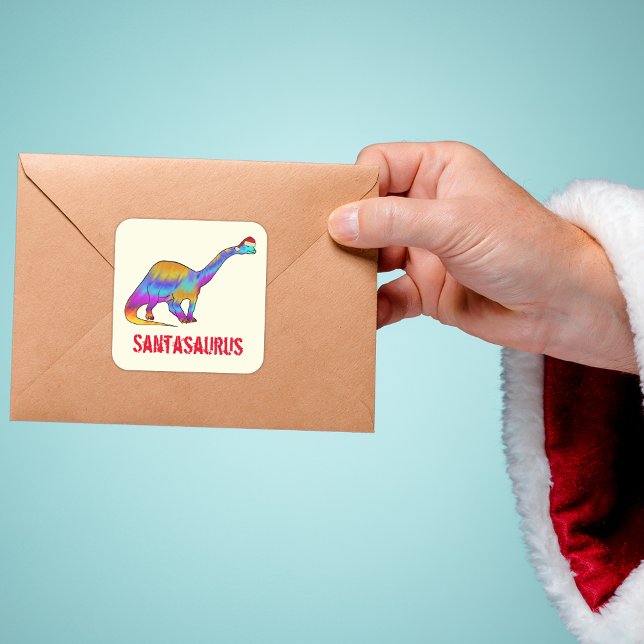 Christmas Dinosaur Santasaurus  Square Sticker (Christmas dinosaur santasaurus  brontosaurus wearing a santa hat colorful holiday sticker )