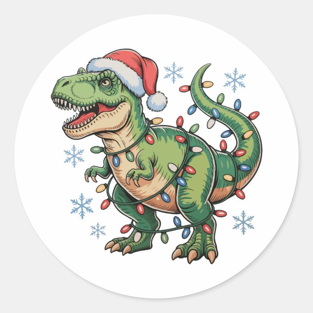Christmas Dinosaur T Rex Merry Xmas Lights Santa Classic Round Sticker (Front)