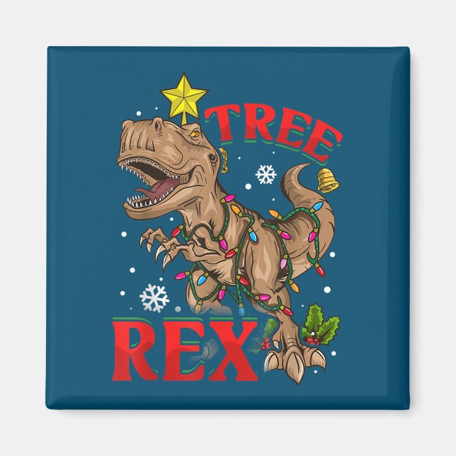 Christmas Dinosaur Tree Rex Lights TRex Xmas Gift Magnet (Front)