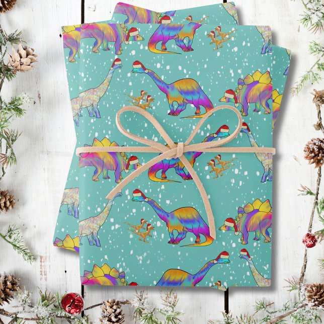 Christmas Dinosaurs in the Snow Wrapping Paper Sheet (Christmas dinosaurs in the snow holiday wrapping paper)
