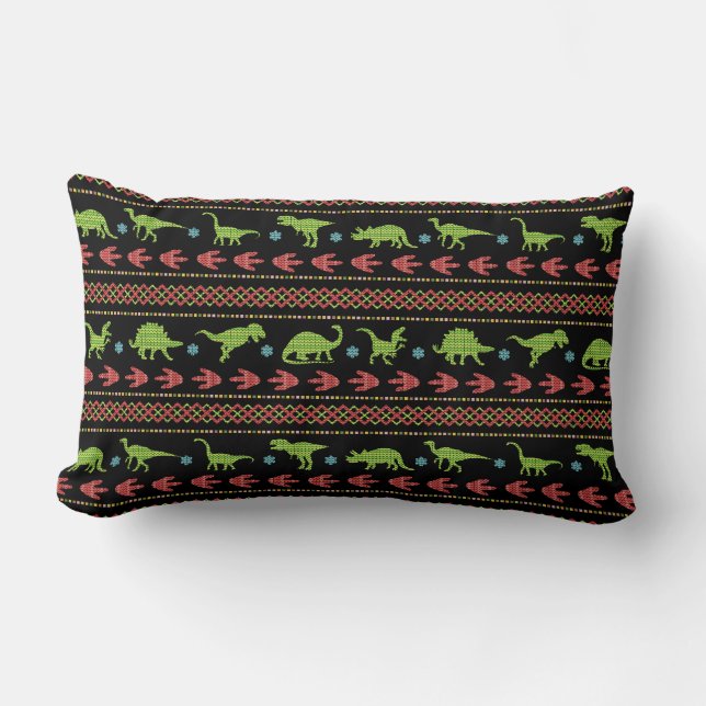 Christmas Dinosaurs Knit Embroidered Fair Isle Lumbar Pillow (Front)