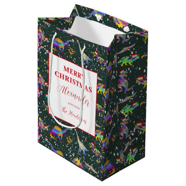 Christmas Dinosaurs Personalized Medium Gift Bag (Front Angled)