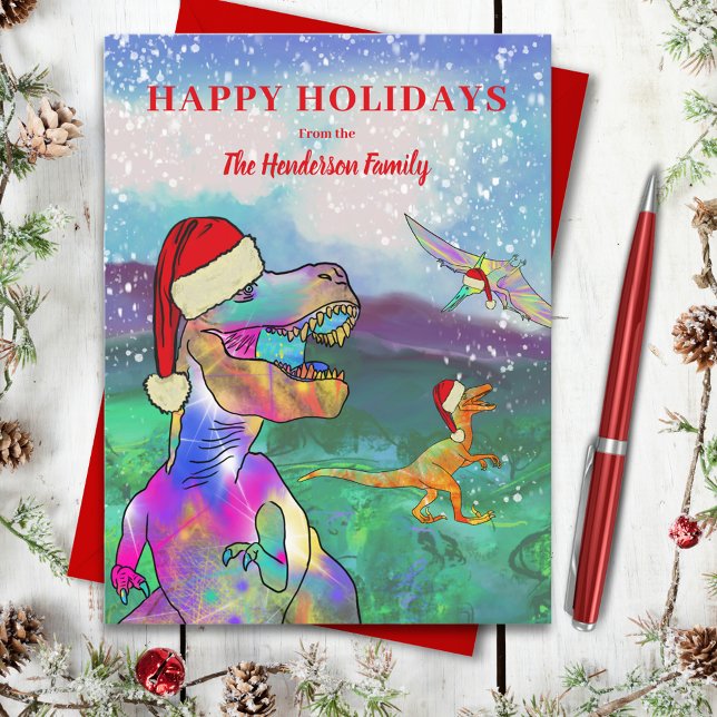 Christmas Dinosaurs Wearing Santa Hats Budget Holiday Postcard (Christmas dinosaurs wearing Santa hats custom budget holiday greetings postcard)