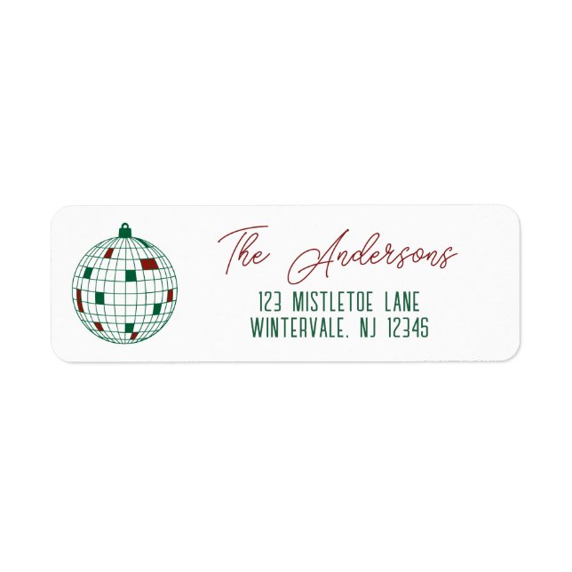 Christmas Disco Ball Green & White Return Address (Front)