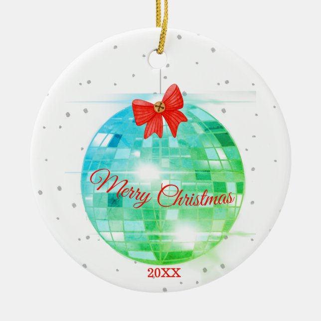 Christmas Disco Ball  Merry Fun Greeting Ceramic Ornament (Front)