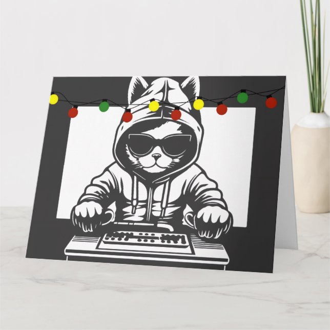 CHRISTMAS DJ CAT GREETING CARD (Front)