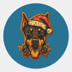 Christmas Doberman Dog With Santa Hat Gingerbread  Classic Round Sticker