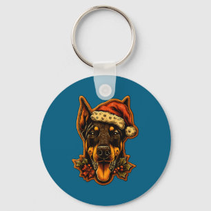 Christmas Doberman Dog With Santa Hat Gingerbread Keychain