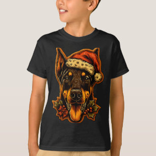 Christmas Doberman Dog With Santa Hat Gingerbread  T-Shirt