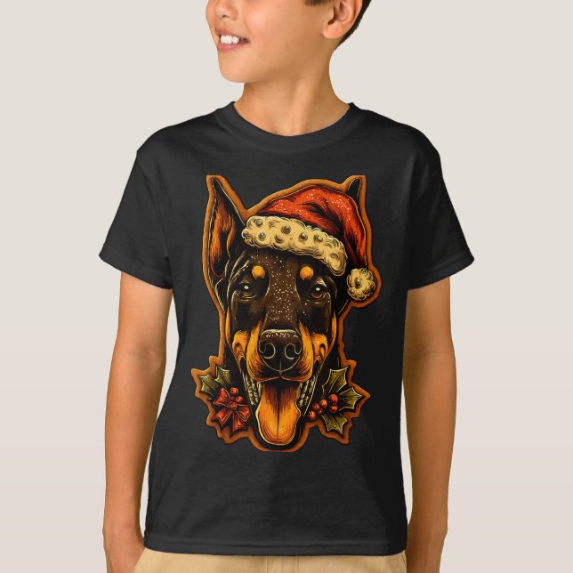 Christmas Doberman Dog With Santa Hat Gingerbread  T-Shirt (Front)