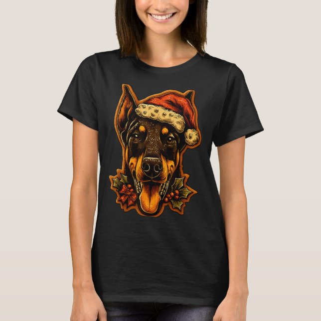 Christmas Doberman Dog With Santa Hat Gingerbread  T-Shirt (Front)
