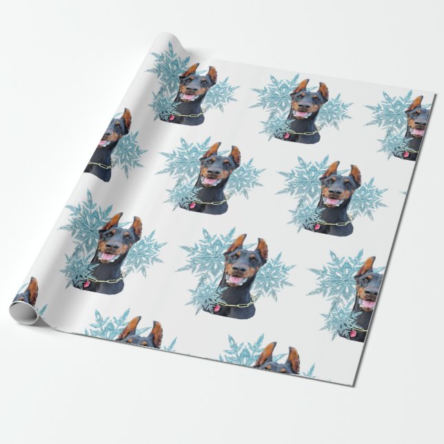 Christmas Doberman Pincher Snowflakes    Wrapping Paper (Unrolled)