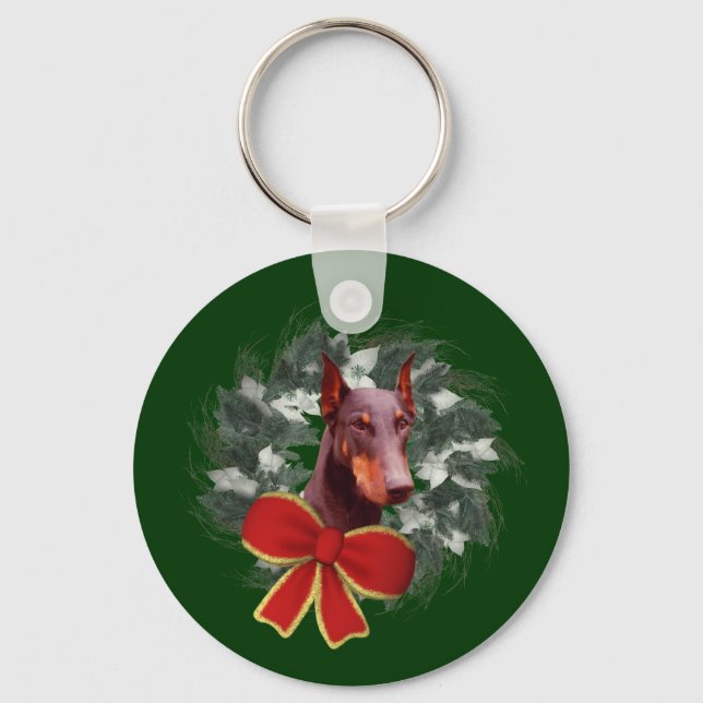 Christmas Doberman Wreath Holiday Keychain (Front)