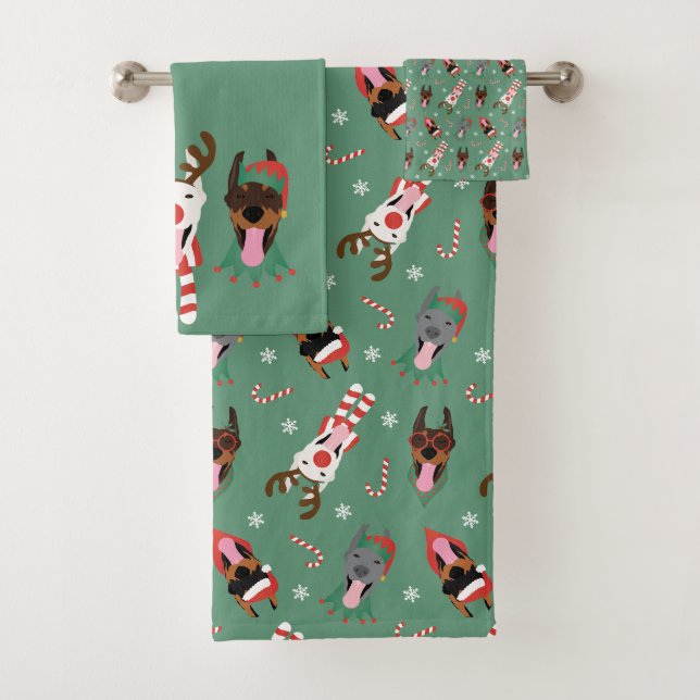 Christmas Dobermann Dogs Bath Towel Set (Insitu)