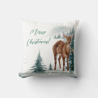 Christmas Doe Girl in Watercolor Throw Pillow