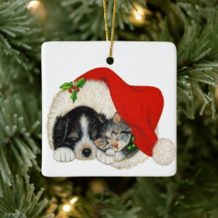 Christmas Dog And Cat In A Santa Hat           Ceramic Ornament