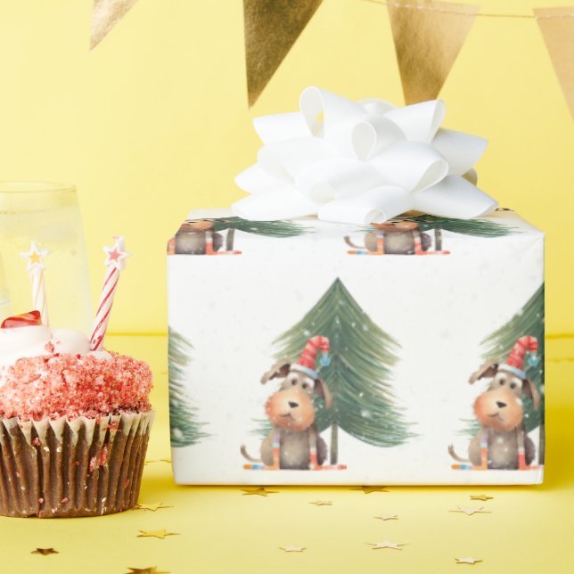 Christmas Dog and Pine In Snowflakes Wrapping Paper (Birthday Party)