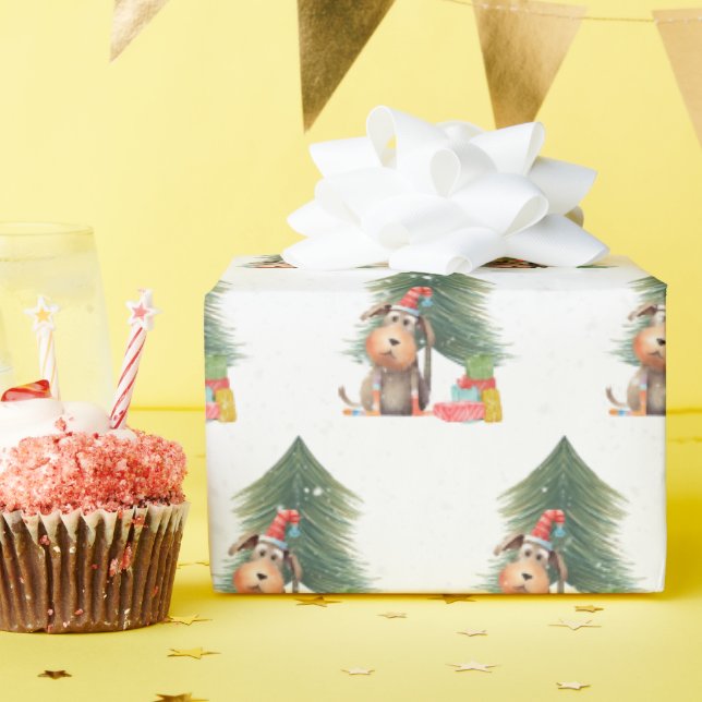 Christmas Dog and Pine Tree In Snowflakes Wrapping Paper (Birthday Party)