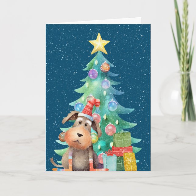 Christmas Dog and Tree In Snowflakes Holiday Card (Front)