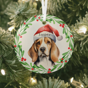 Christmas Dog Beagle Santa Hat Holiday home decor Glass Ornament