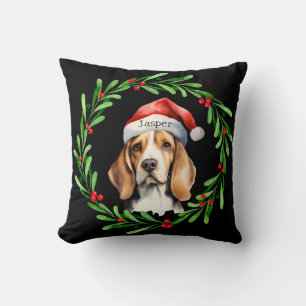 Christmas Dog Beagle Santa Hat Holiday Throw Pillow
