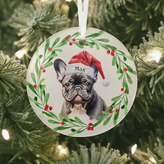 Christmas Dog Black Frenchie French Bulldog Santa Glass Ornament (Insitu)