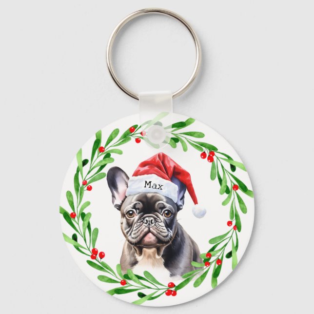 Christmas Dog Black Frenchie French Bulldog Santa Keychain (Front)